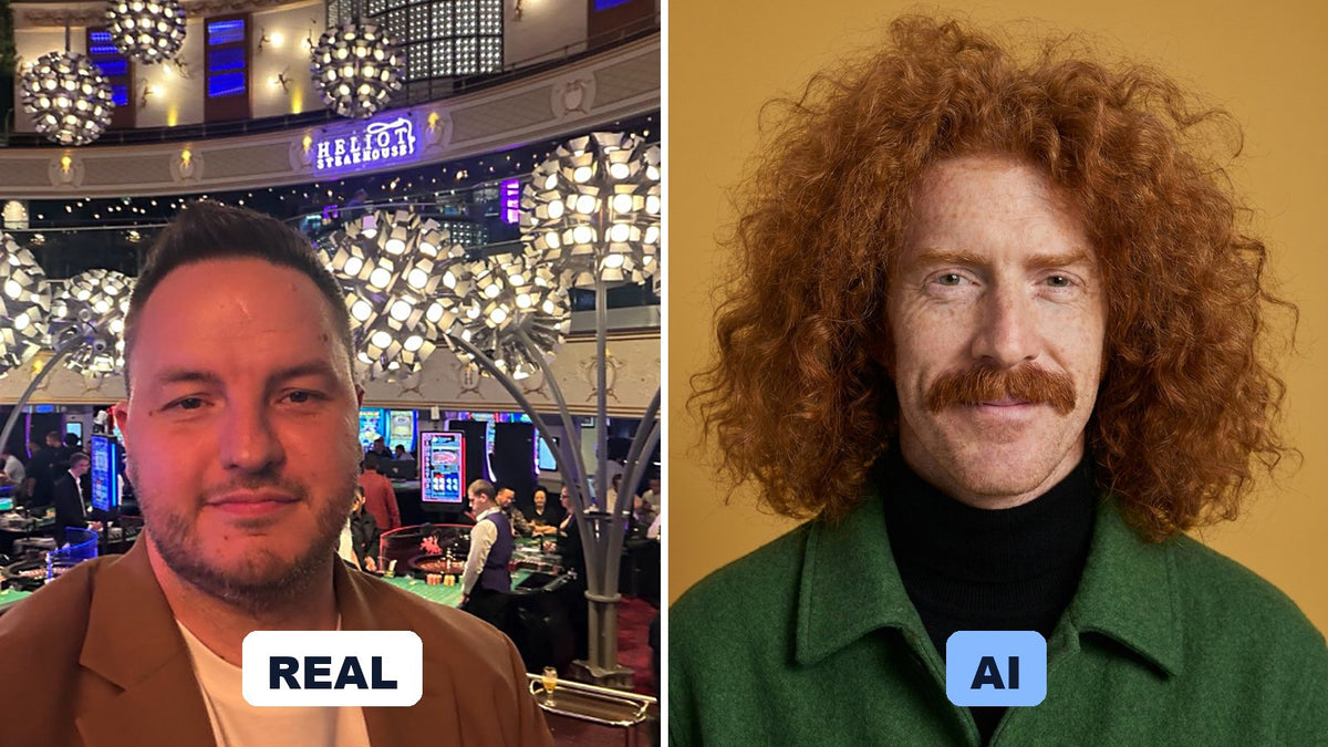 Dean Keating, labelled real, beside Red, his AI-generated presenter, labelled AI