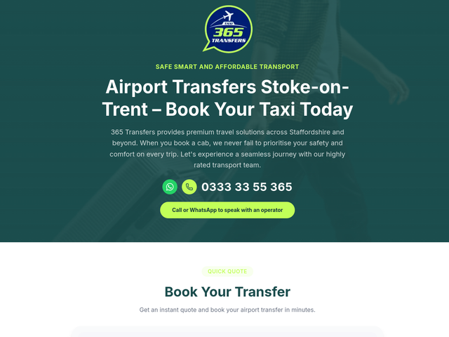 Homepage of 365 Transfers, built by Dean Keating Co