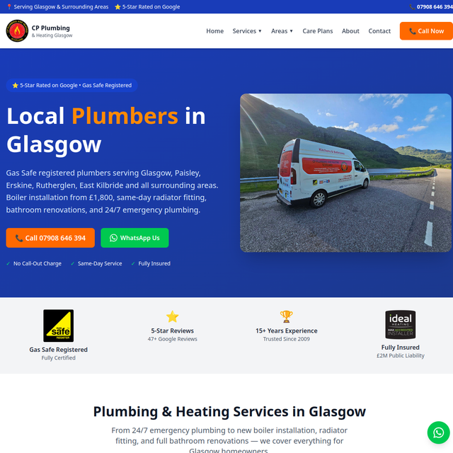 Homepage of CP Plumbing Scotland, built by Dean Keating Co