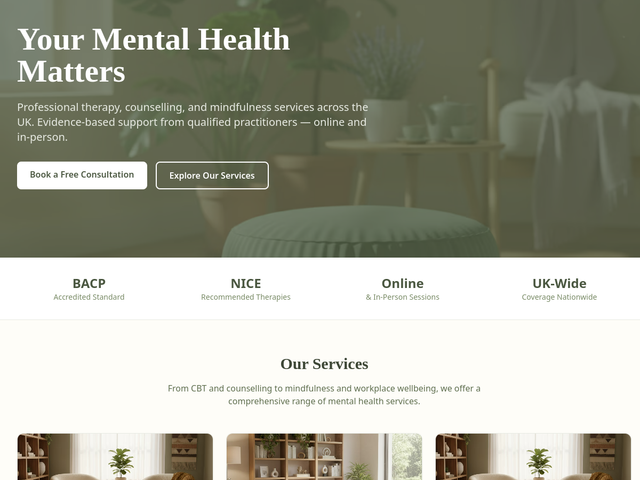 Homepage of Mindful UK, built by Dean Keating Co