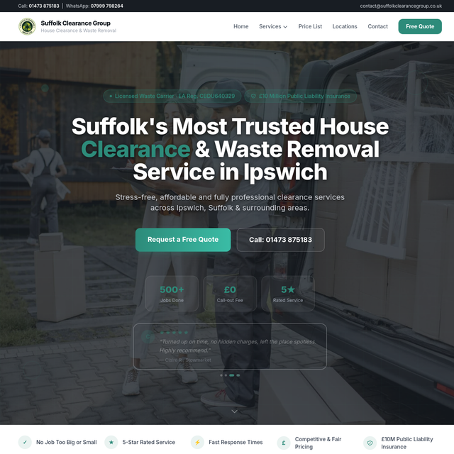Homepage of Suffolk Clearance Group, built by Dean Keating Co