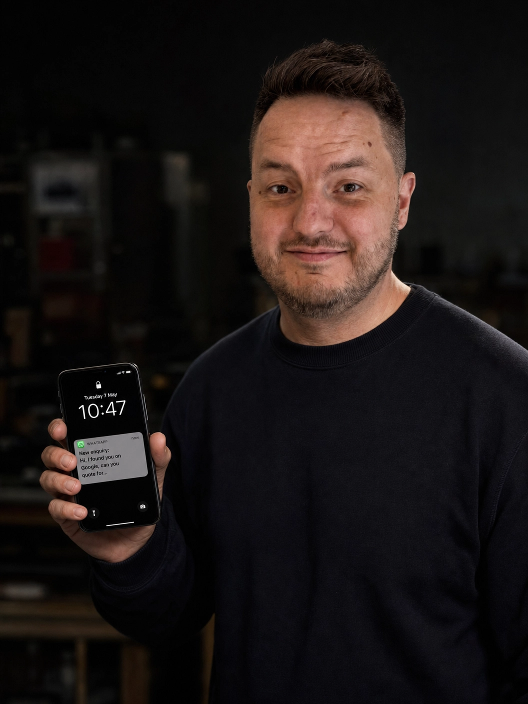 Dean Keating holding phone showing WhatsApp enquiry from Google