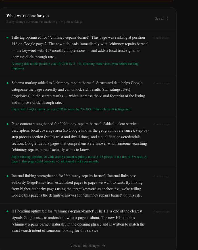 SEO Pilot improvements feed — title tags, schema markup, content improvements logged in real time
