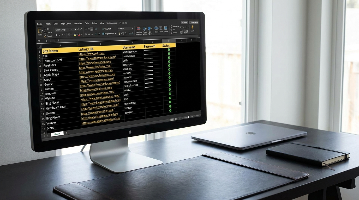 Citation report spreadsheet showing all 240 listings with URLs and login details