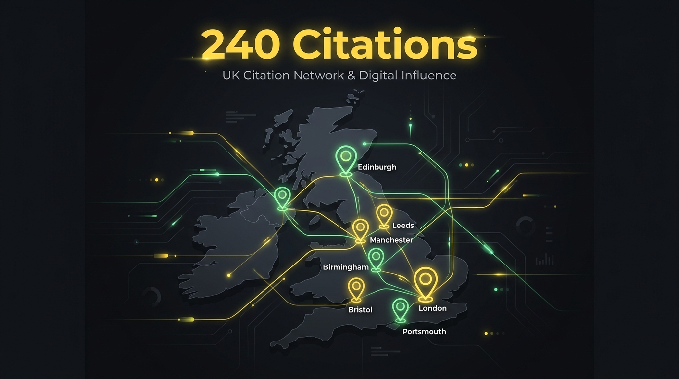 UK map showing 240 citation placements across British cities